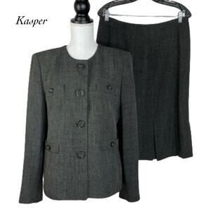 Kasper Dark Gray Blazer Pleated Hem Skirt Suit Size 10